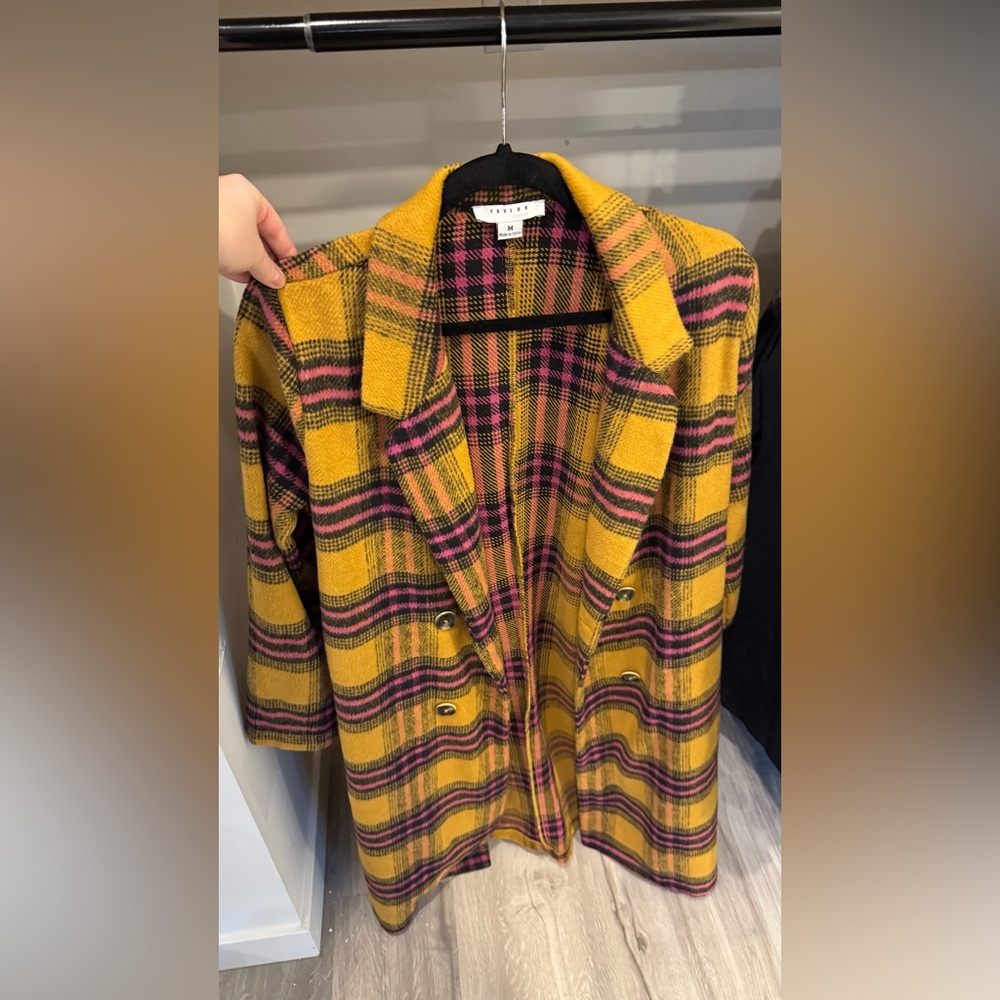 Plaid Long Coat with Yellow and Pink Accents - Picture 3 of 4